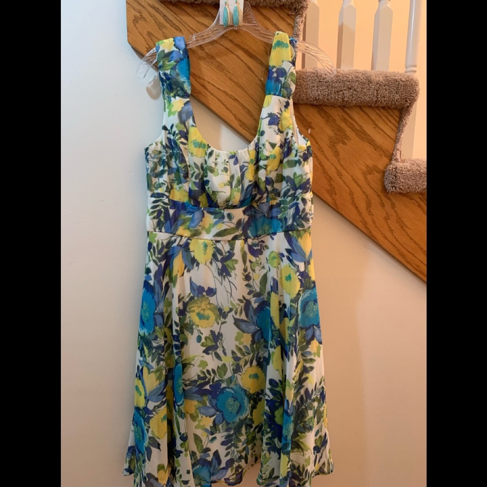 Turquoise Yellow Navy Floral Print Dress